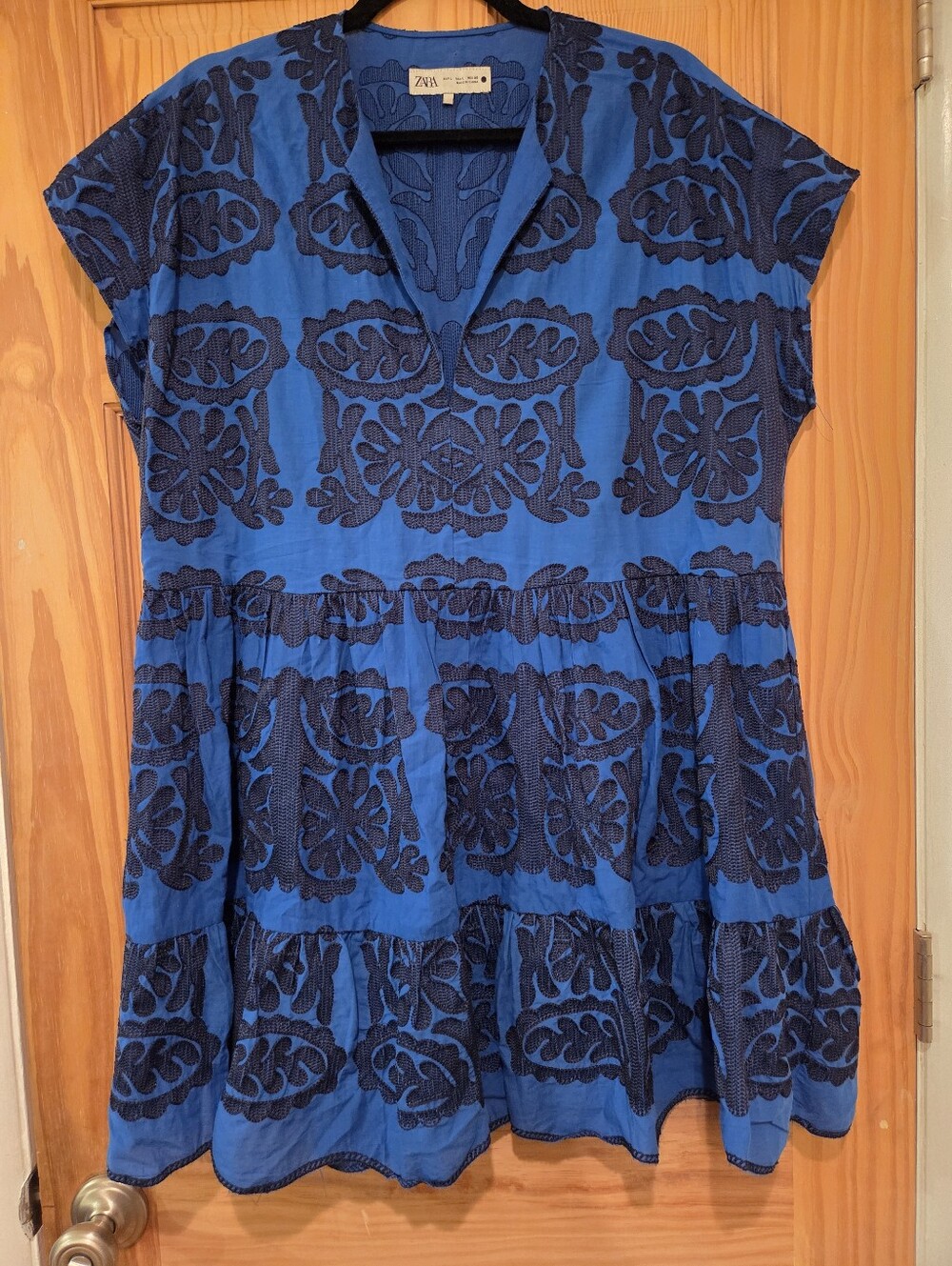 Zara Blue Embroidered Tiered Mini Dress Boho Swing Cotton Blend Sz Large